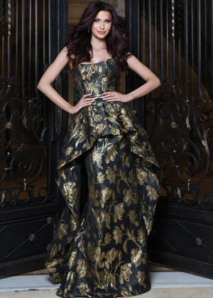 Jovani 51912 strapless floral peplum a-line gown front view