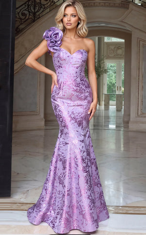 Jovani 53422 one-shoulder metallic mermaid gown front view