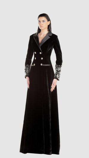 Edward Arsouni 1151 double-breasted long sleeve evening dress front view