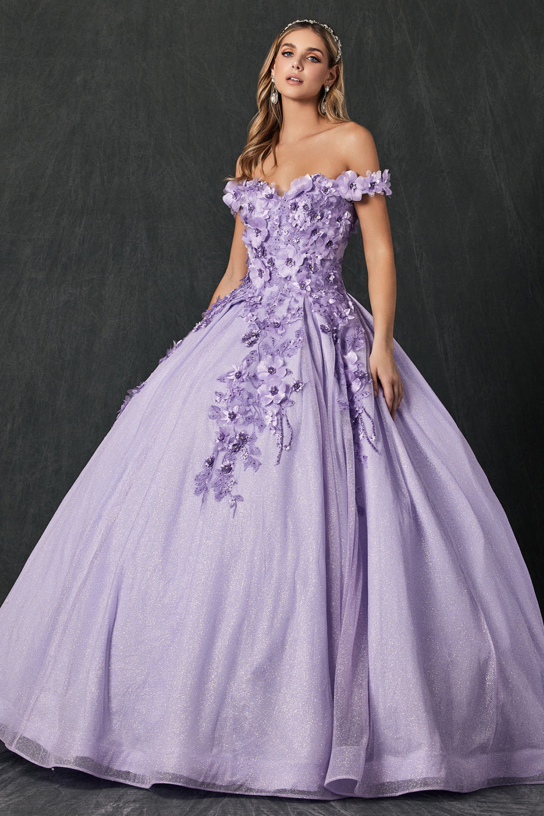 Juliet 1433 off-shoulder floral applique sweetheart ball gown quinceanera dress front view