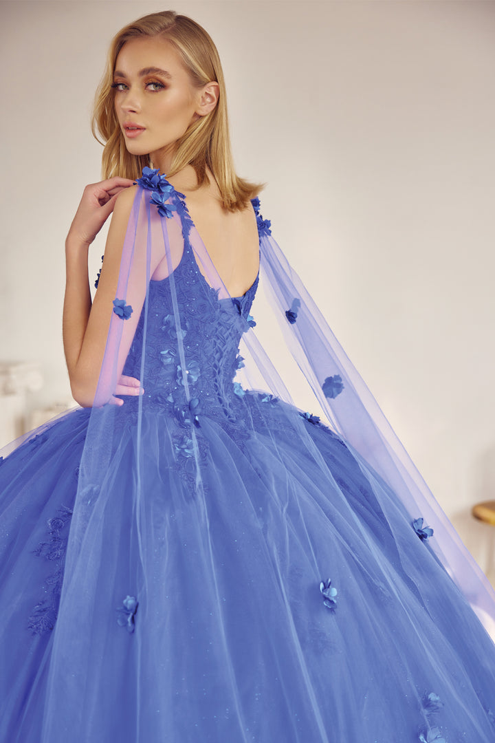 Juliet 1436 attached cape 3D floral applique ball gown quinceanera dress detail view