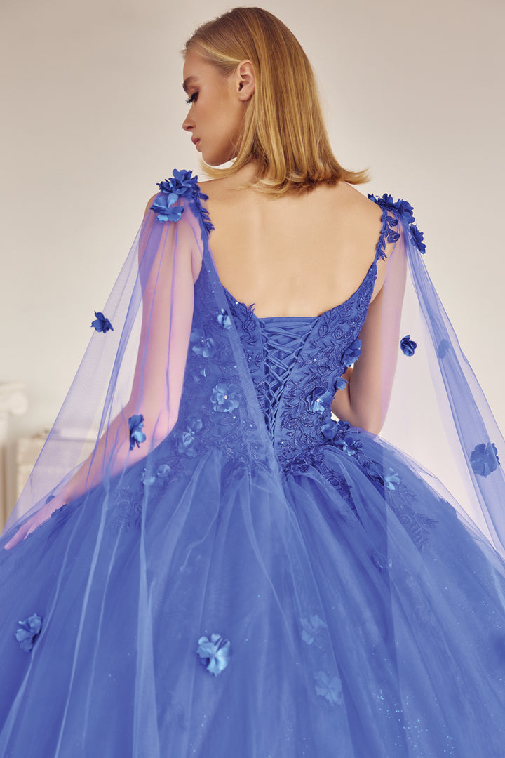 Juliet 1436 attached cape 3D floral applique ball gown quinceanera dress detail view, option 2
