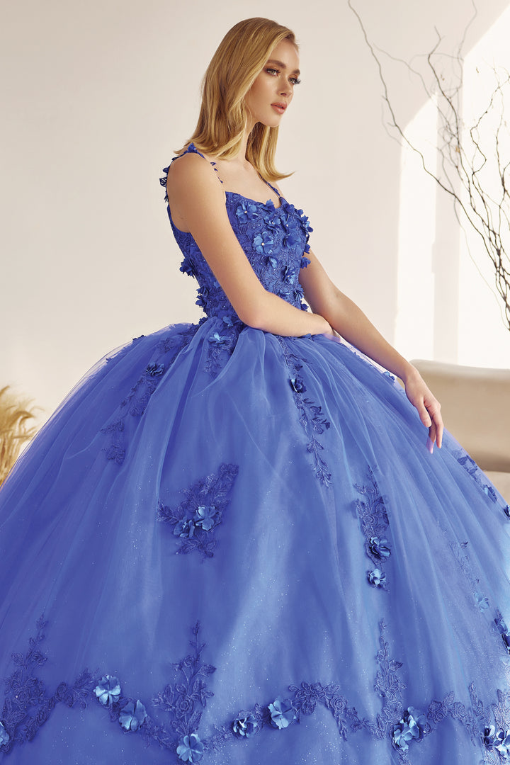 Juliet 1436 attached cape 3D floral applique ball gown quinceanera dress front view, option 5