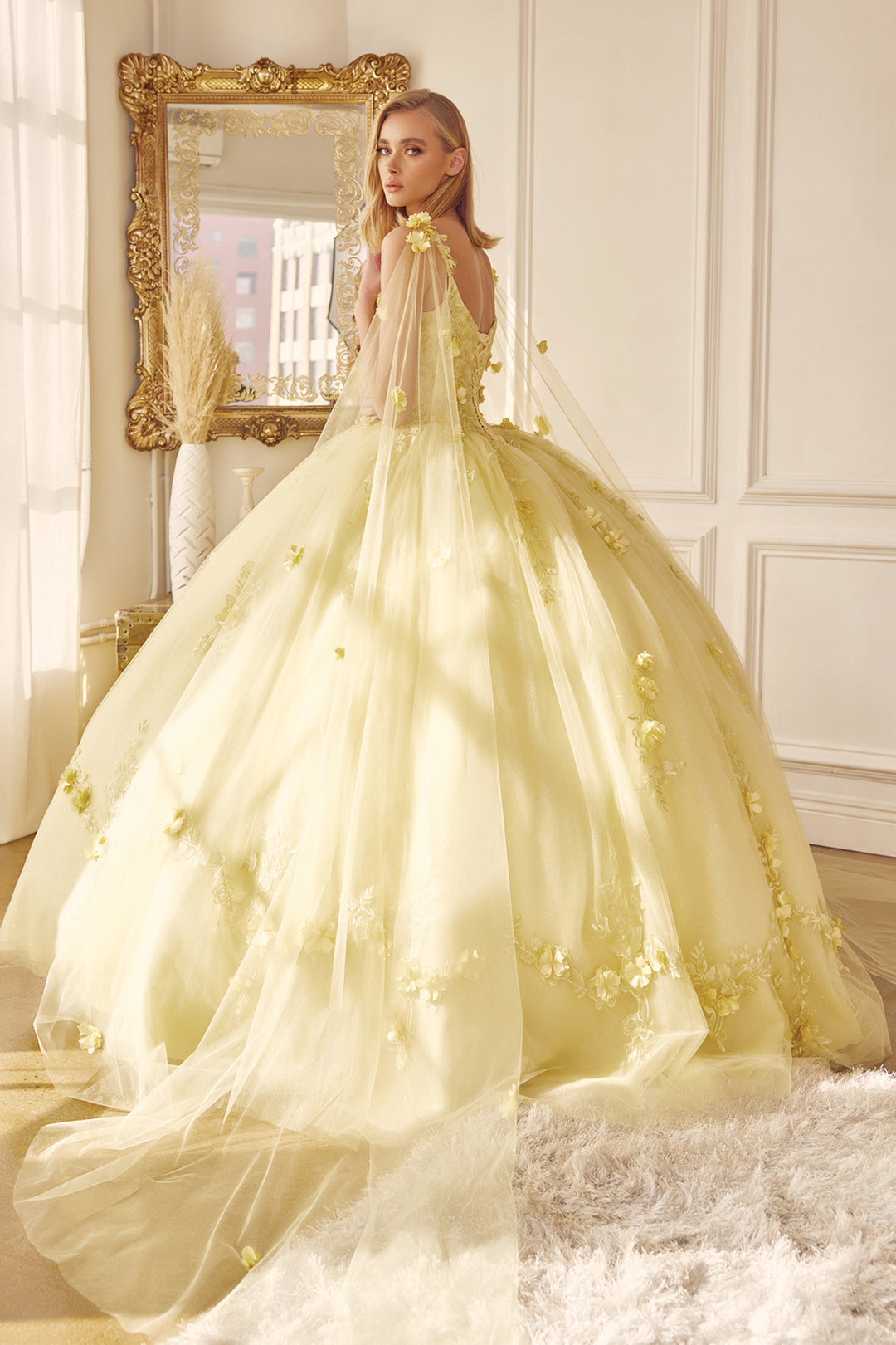 Juliet 1436 attached cape 3D floral applique ball gown quinceanera dress back view, option 5