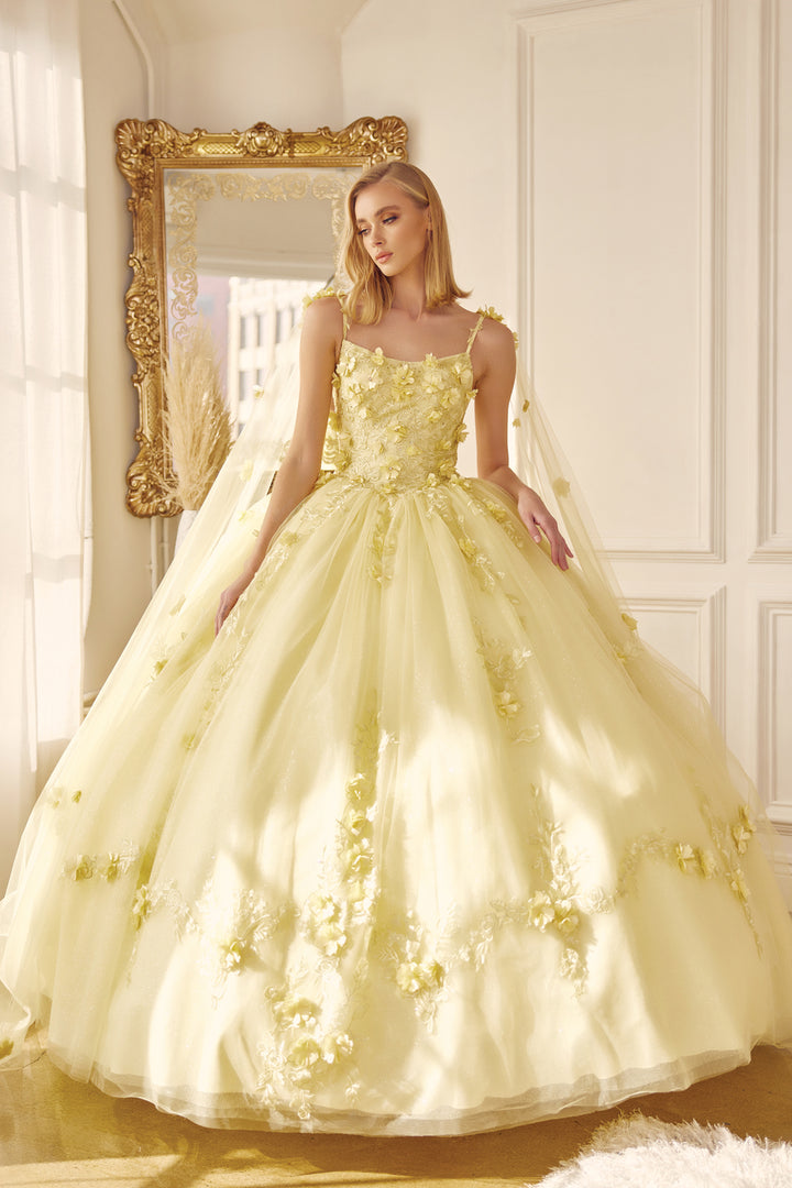 Juliet 1436 attached cape 3D floral applique ball gown quinceanera dress front view, option 8
