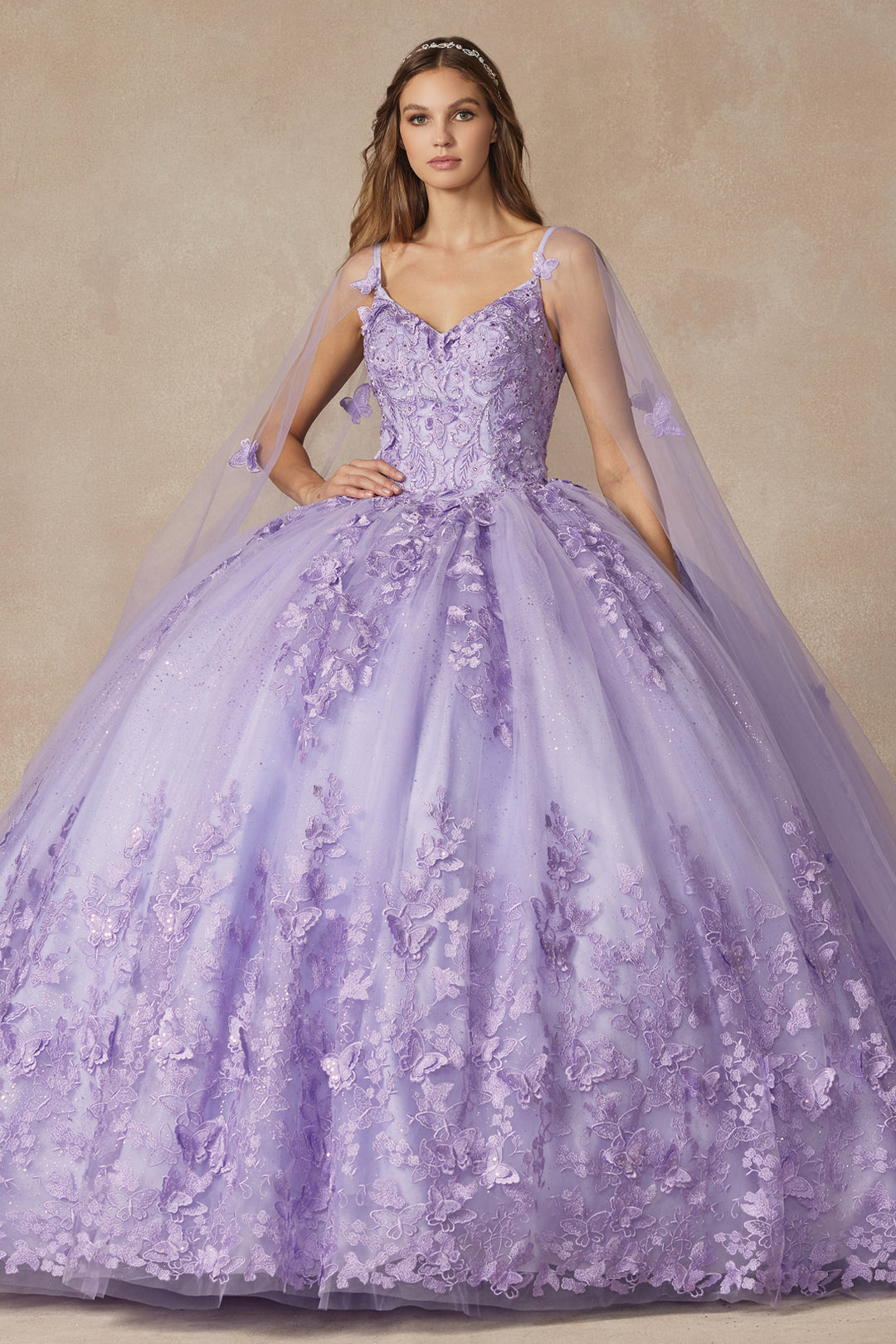 Juliet 1442 butterfly appliqué cape quinceanera dress front view
