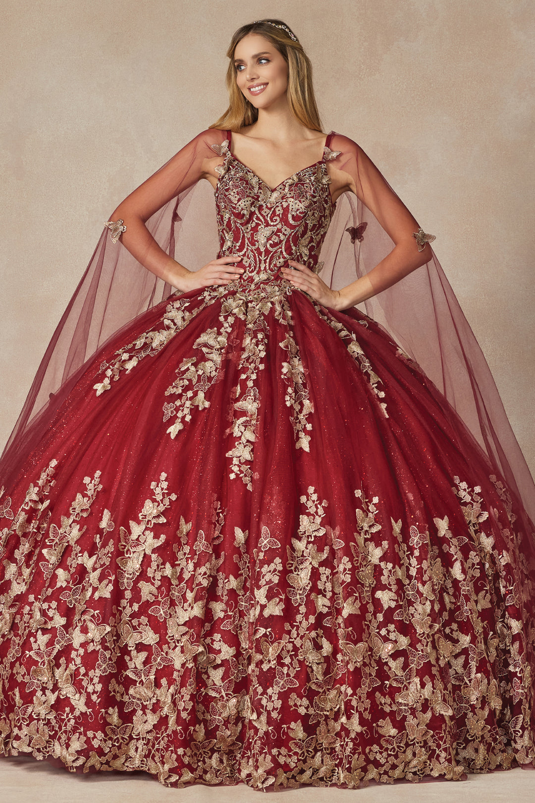 Juliet 1442 butterfly appliqué cape quinceanera dress front view with sheer cape, option 4