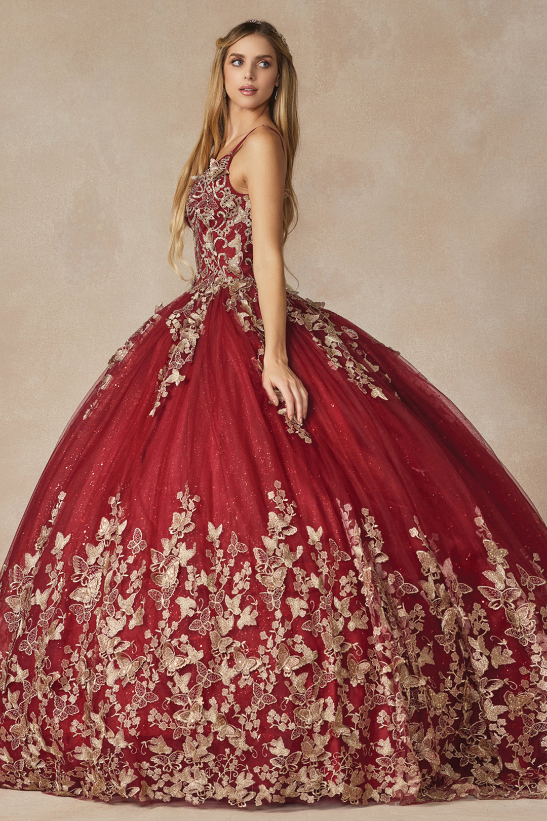Juliet 1442 butterfly appliqué cape quinceanera dress side view with appliqué skirt, option 2