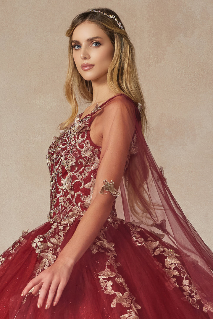 Juliet 1442 butterfly appliqué cape quinceanera dress bodice and cape detail view, option 2