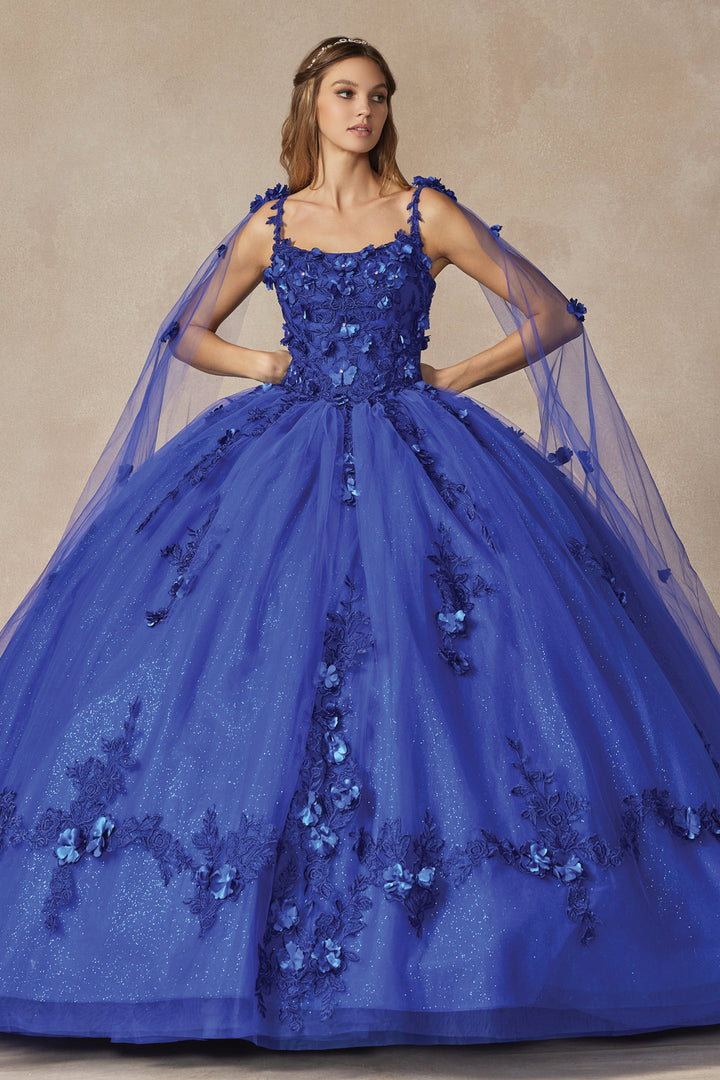 Juliet 1436 attached cape 3D floral applique ball gown quinceanera dress front view