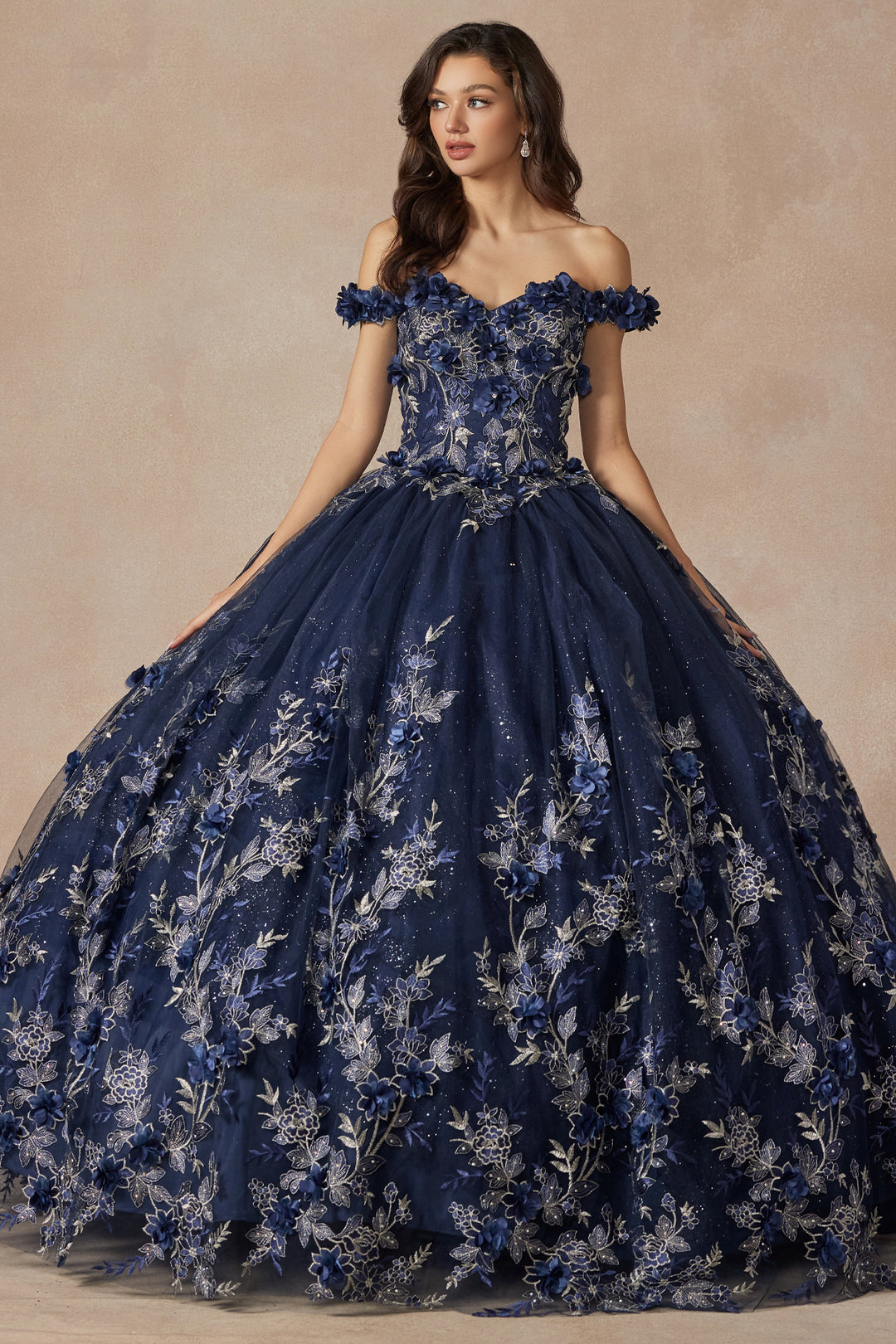 Juliet 1447 off-shoulder floral appliqué quinceanera dress front view