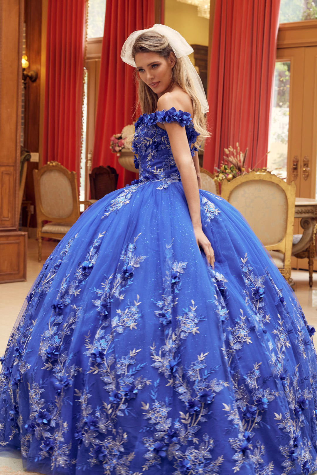 Juliet 1447 off-shoulder floral appliqué quinceanera dress three-quarter view, option 2