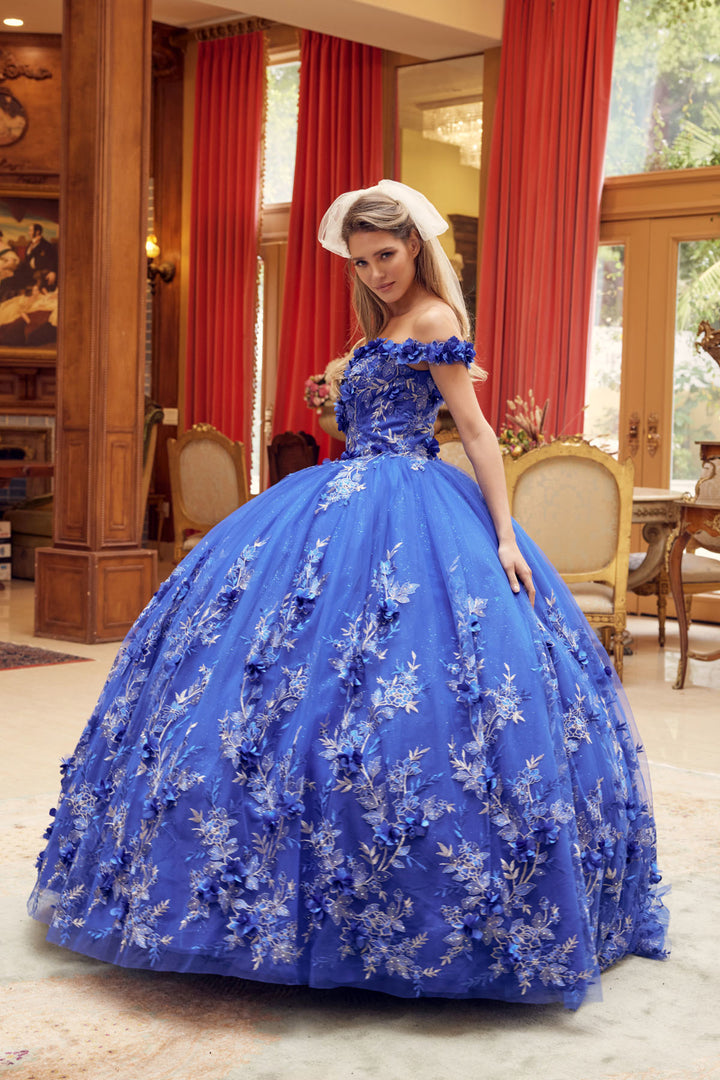 Juliet 1447 off-shoulder floral appliqué quinceanera dress three-quarter view, option 3