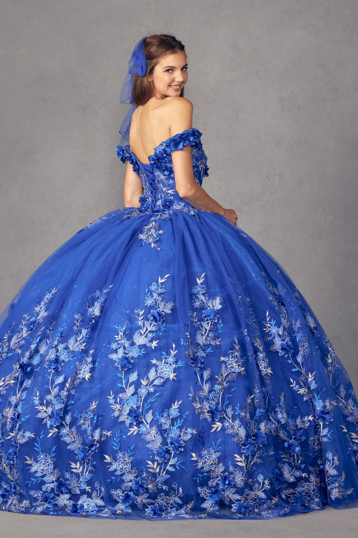 Juliet 1447 off-shoulder floral appliqué quinceanera dress back view, option 2
