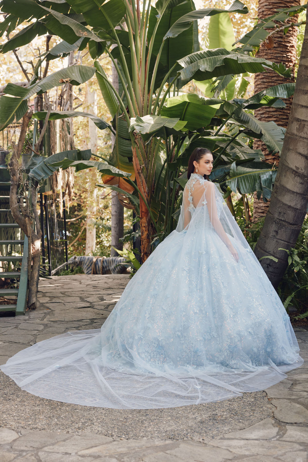 Juliet JT1449J strapless sweetheart cape quinceanera dress back view with long sheer cape