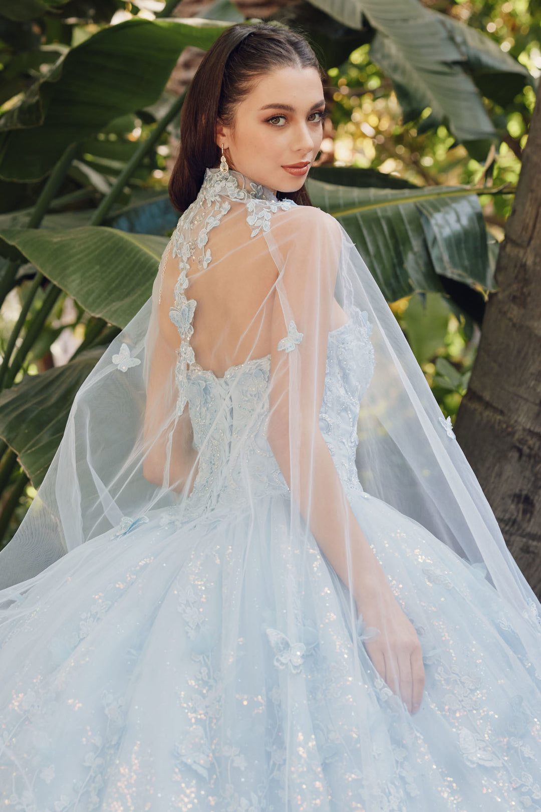 Juliet JT1449J strapless sweetheart cape quinceanera dress back view with open back and cape detail