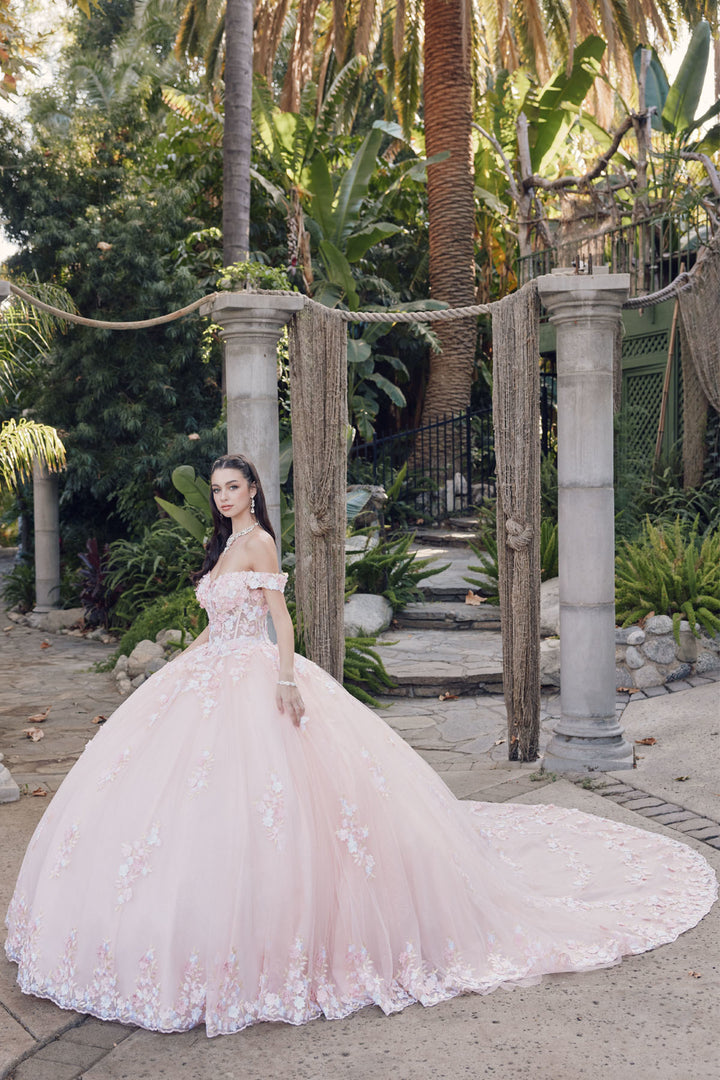 Juliet JT1460J off-shoulder floral appliqué quinceanera ball gown side view with train