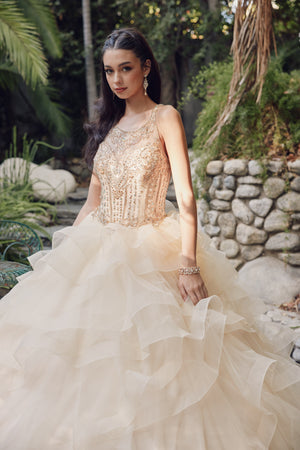 Juliet 1423 quinceanera ball gown front view, bodice detail