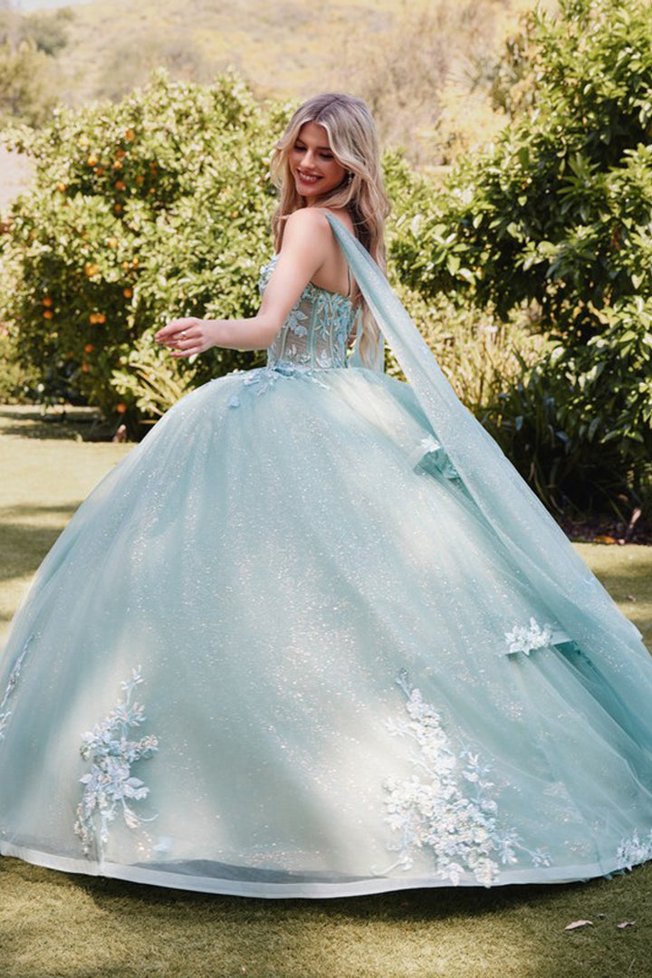 Juliet JT1466H ball gown side view with cape sleeves option 2
