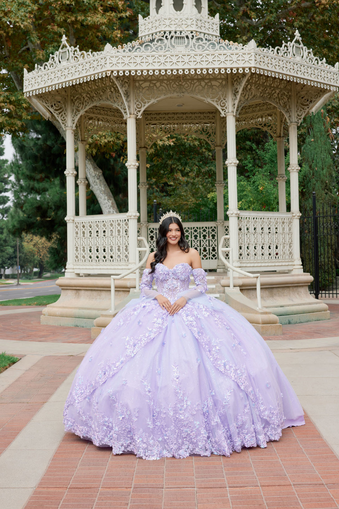 Juliet JT1459J off-shoulder floral appliqué quinceanera dress front view