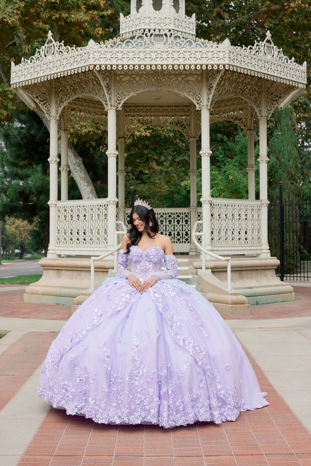 Juliet JT1459J off-shoulder floral appliqué quinceanera dress front view, option 2