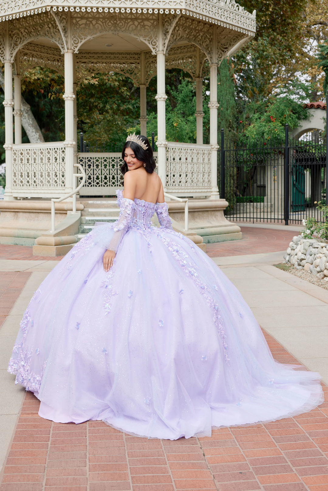 Juliet JT1459J off-shoulder floral appliqué quinceanera dress back view with train
