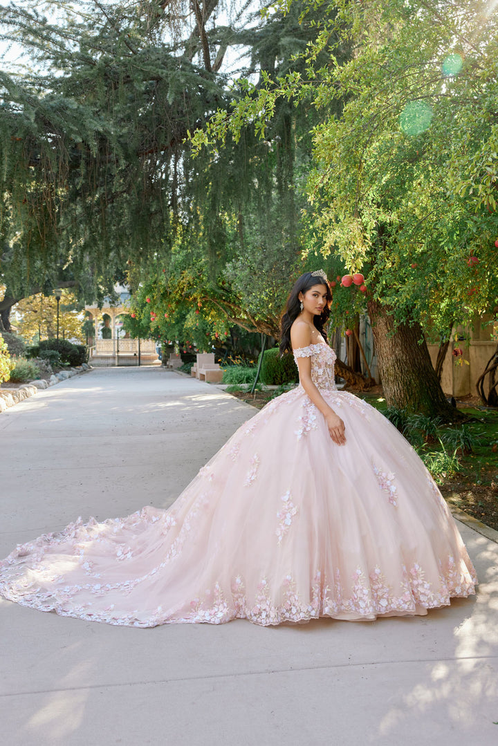 Juliet JT1460J off-shoulder floral appliqué quinceanera ball gown side view with train, option 2