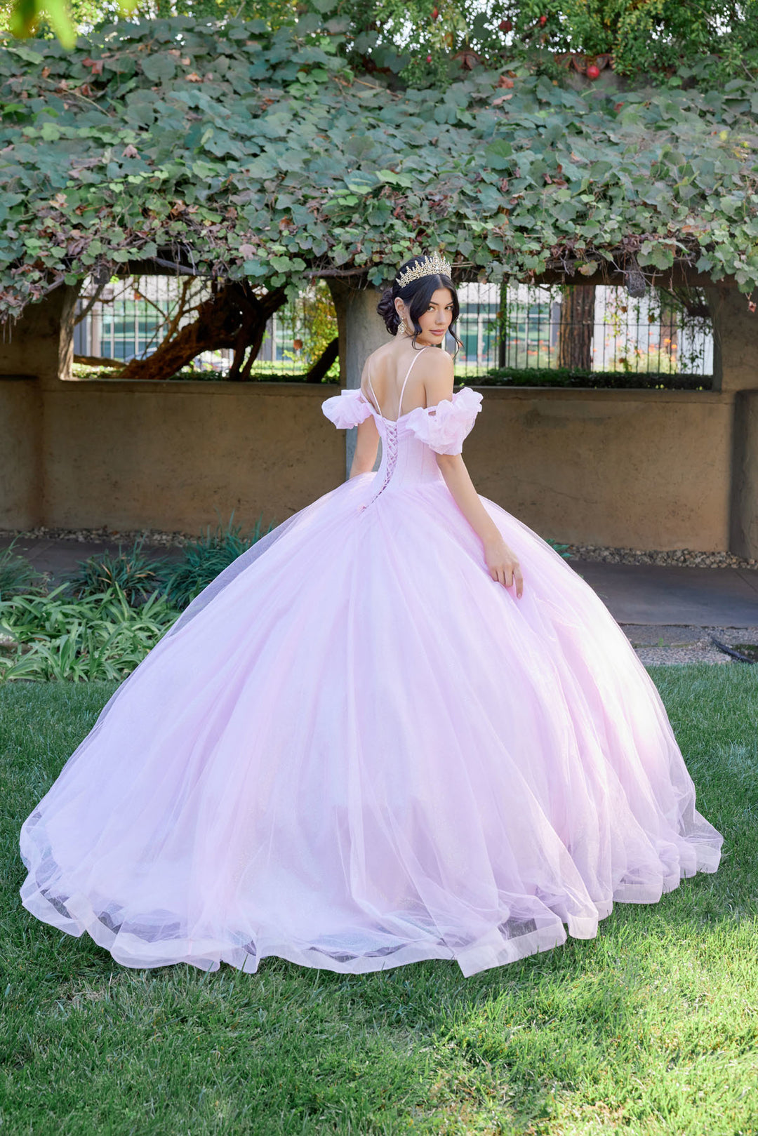 Juliet JT1487H off-shoulder sweetheart ball gown quinceanera dress back view, option 2