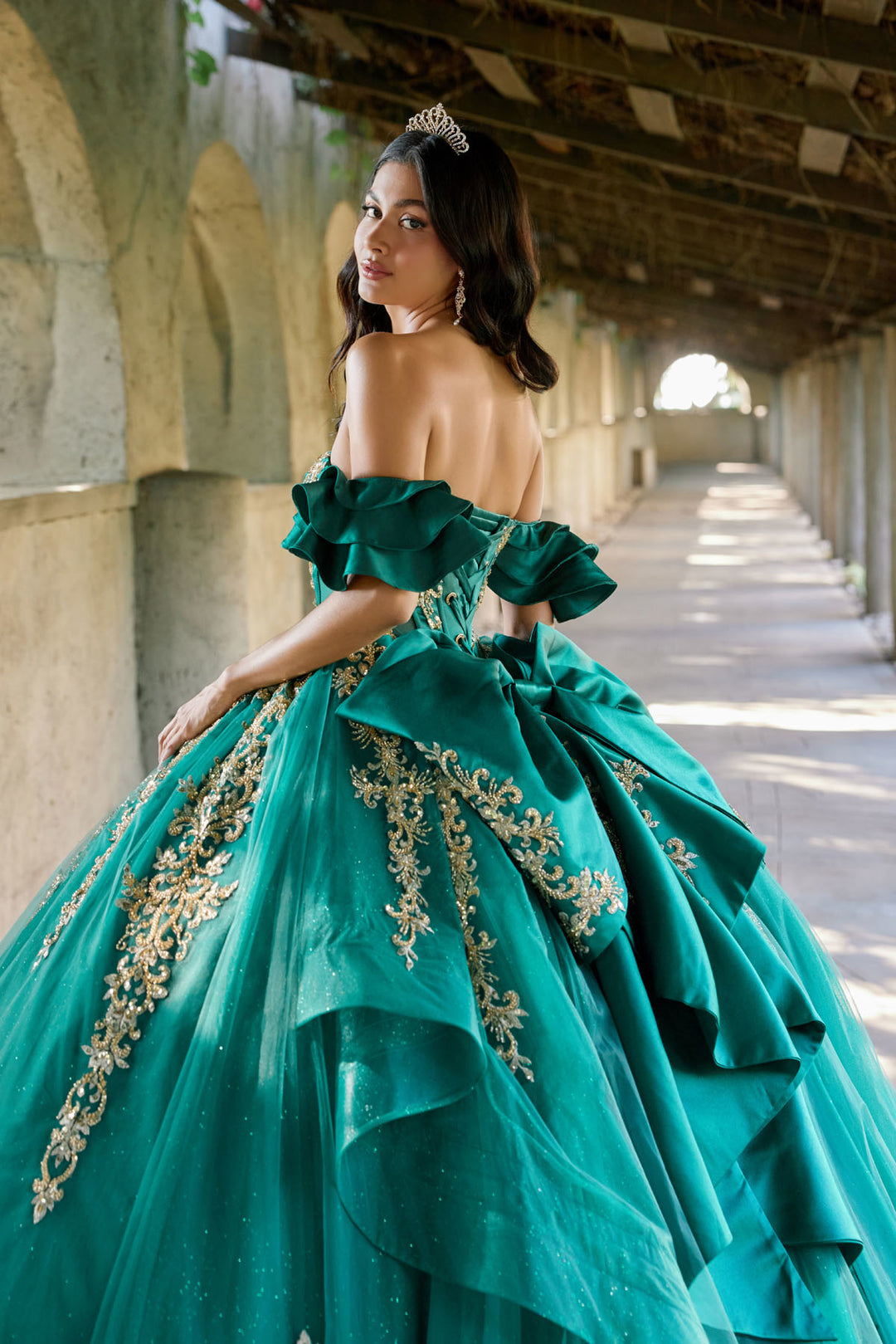 Juliet JT1504J ball gown back view with bow and layered tiers