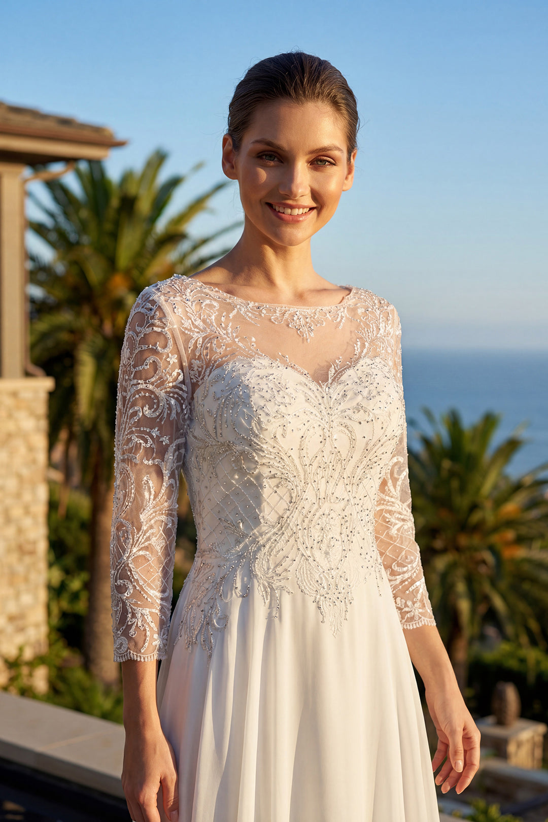 Juliet M11-W beaded embroidered bodice and illusion sleeve detail view