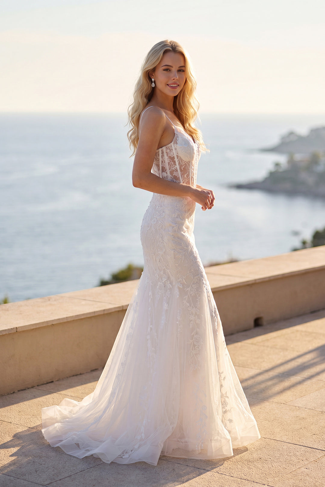 Juliet JT2441SW sheer corset mermaid bridal gown side view with train