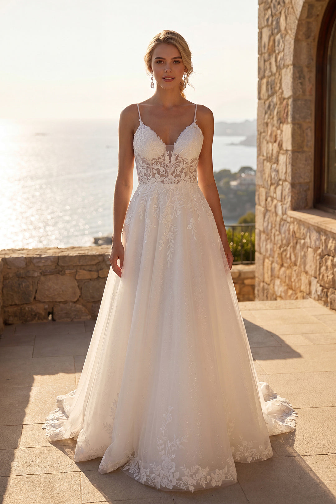 Juliet JT2633LW V-neck A-line bridal gown with floral bodice front view