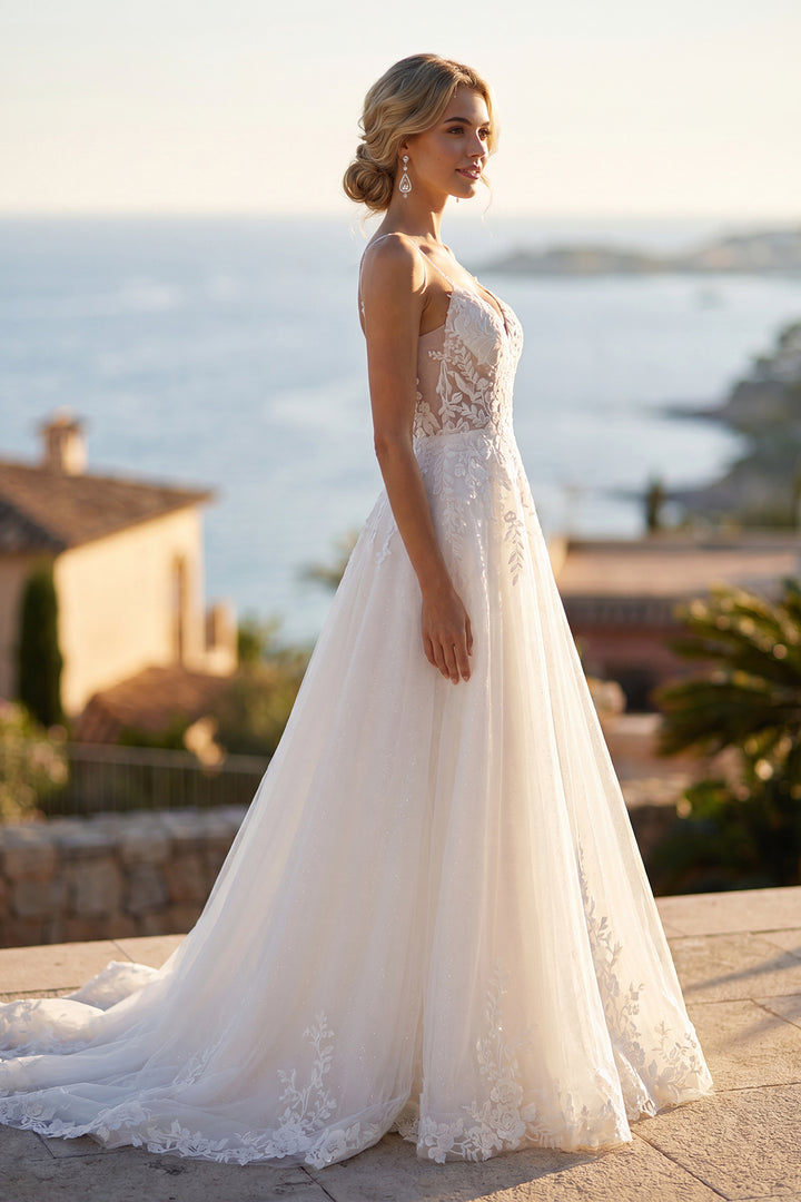 Juliet JT2633LW V-neck A-line bridal gown with floral detailing side view