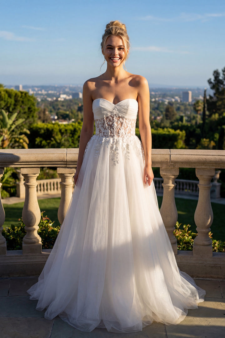 Juliet JT2702AW strapless sweetheart sheer embroidered waist bridal gown front view