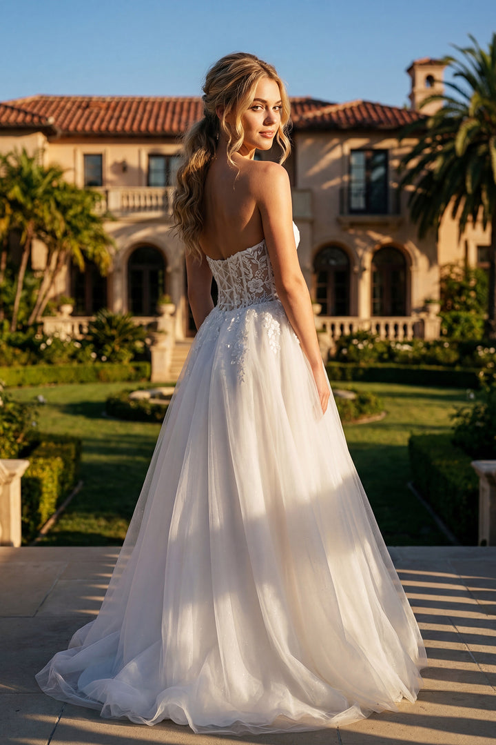 Juliet JT2702AW strapless sweetheart sheer embroidered waist bridal gown back view