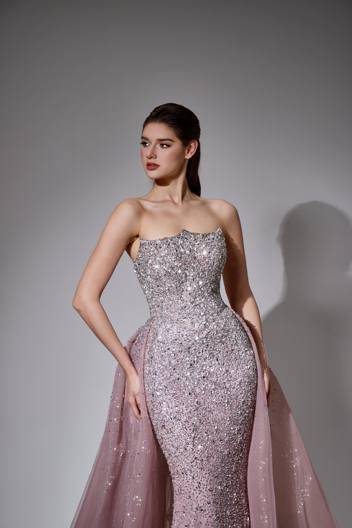 Delilah LD21176 Strapless Sequin Mermaid Gown with Glitter Full Overskirt - Pink close-up view