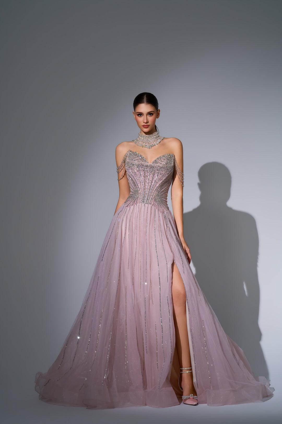 Delilah LD11671 Strapless Sunburst Crystal Corset A-Line Gown with Slit - Pink front view