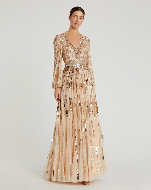 Mac Duggal 10059 Embellished Mesh Long Sleeve V Neck Dress