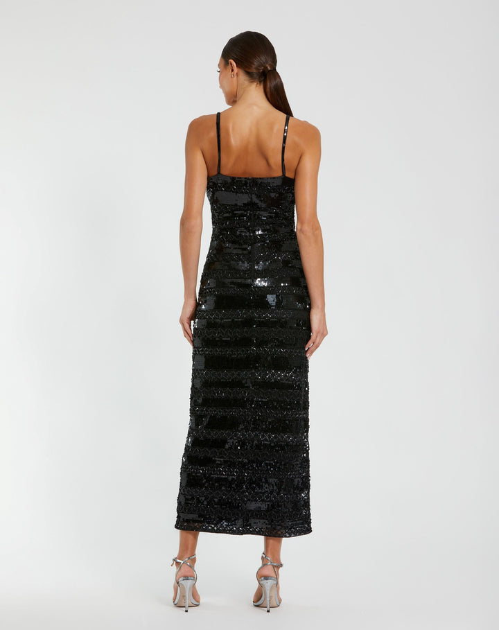Mac Duggal 10094 Black Embellished Spaghetti Strap Midi Dress