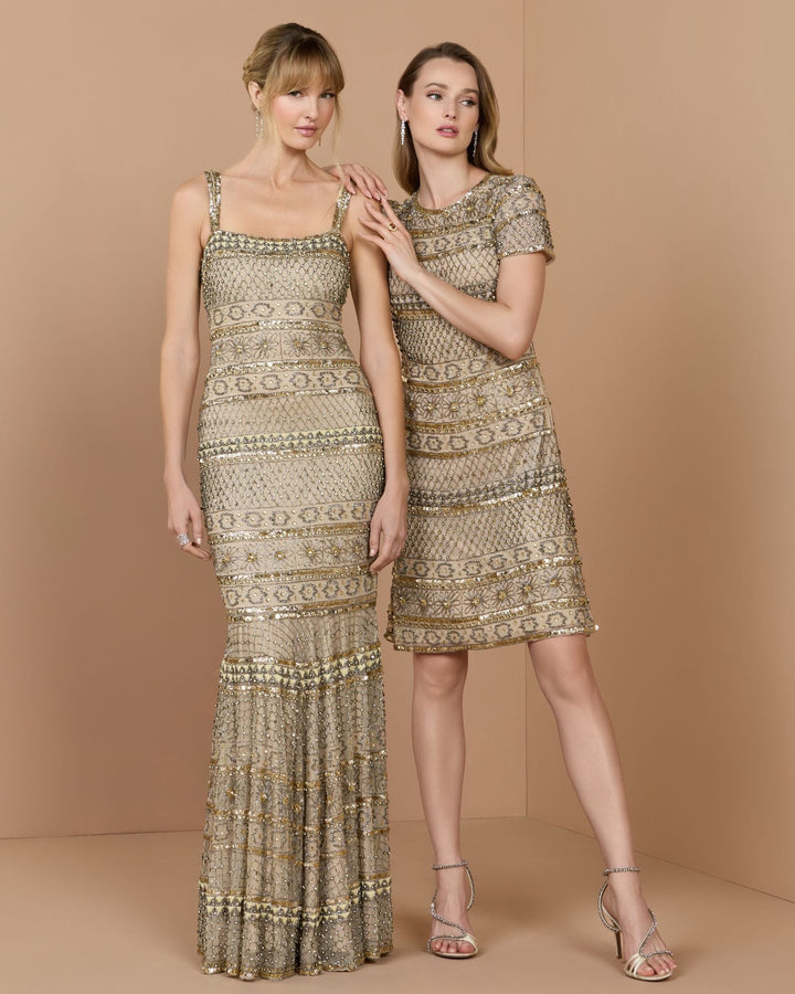 Mac Duggal 10113 Gold Short Sleeve Embellished Mini Dress