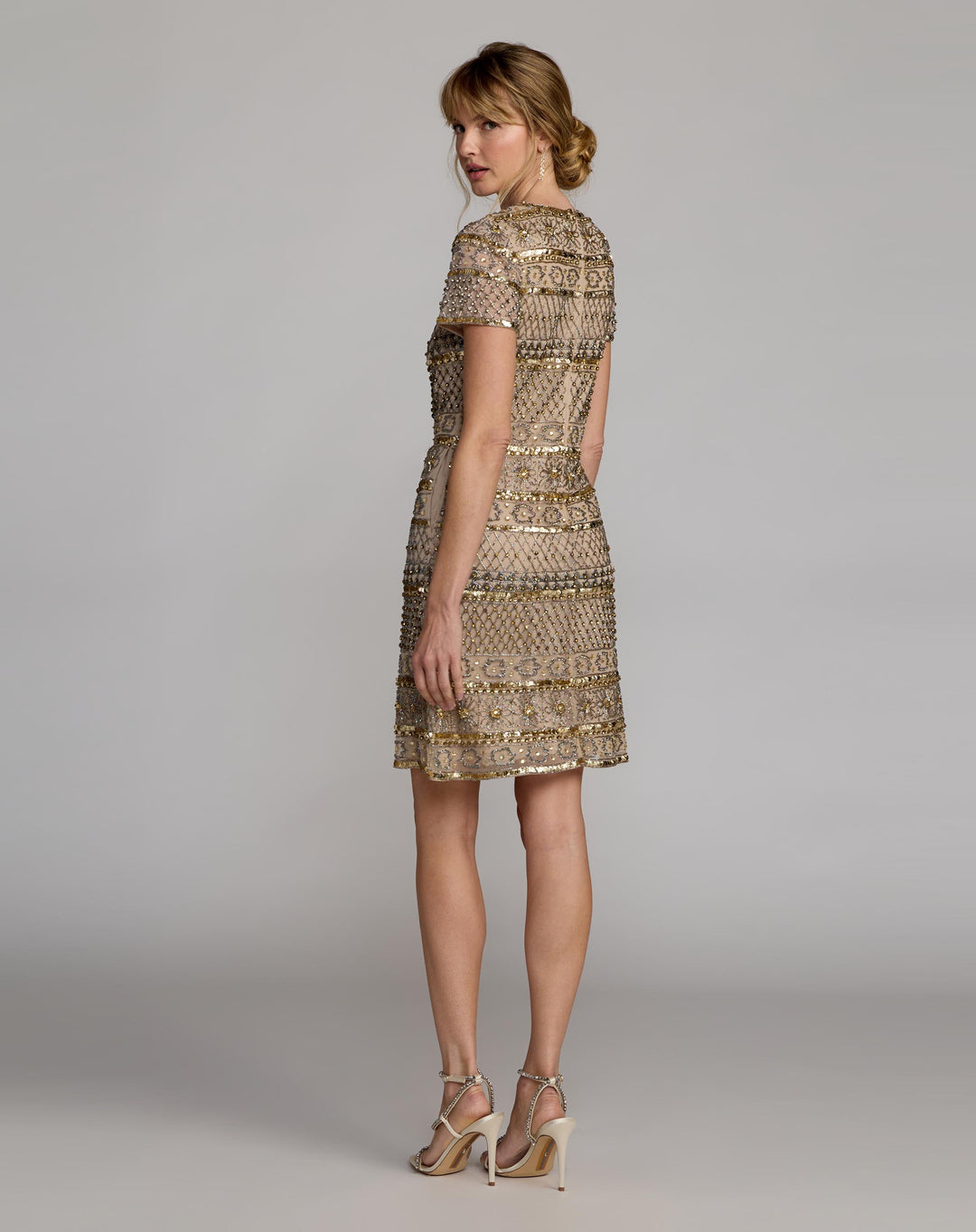Mac Duggal 10113 Gold Short Sleeve Embellished Mini Dress