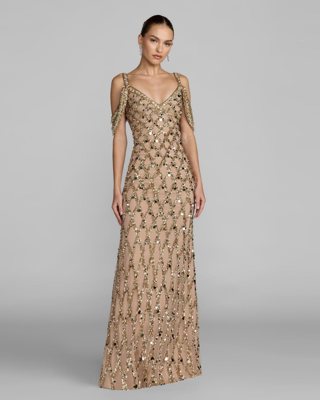 Mac Duggal 10139 Gold Sequin Embellished V-Neck Gown