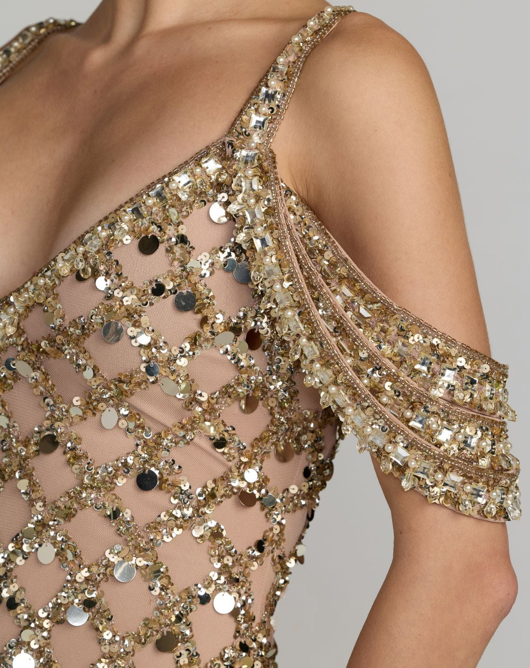 Mac Duggal 10139 Gold Sequin Embellished V-Neck Gown