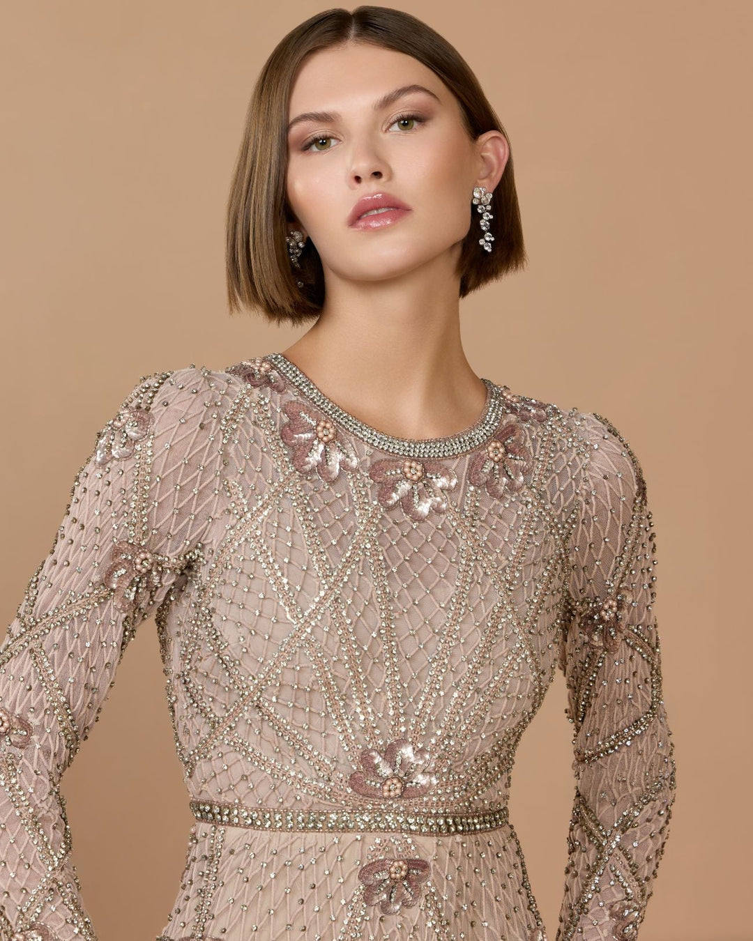 Mac Duggal 10173 Rhinestone Embellished Long Sleeve A-Line Gown
