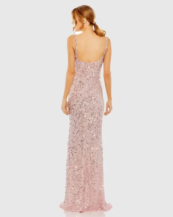Mac Duggal 10705 Pink Sequined Low Back Slip Gown