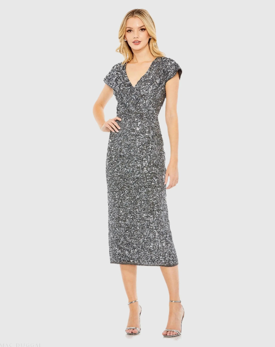 Mac Duggal 10766 Sequined Cap Sleeve Wrap Over Cocktail Dress