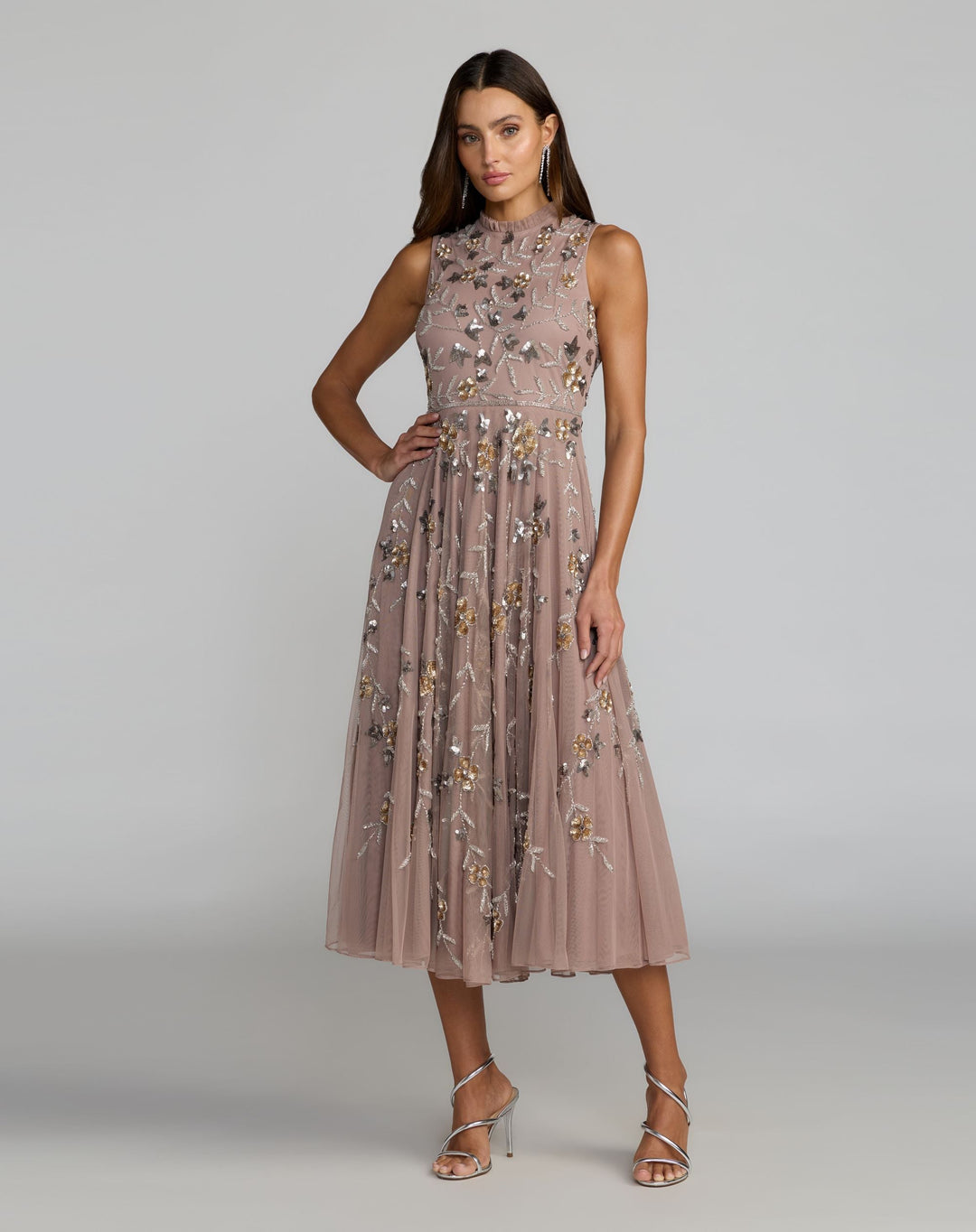 Mac Duggal 10815 Pink Embellished High Neck Sleeveless Midi Dress