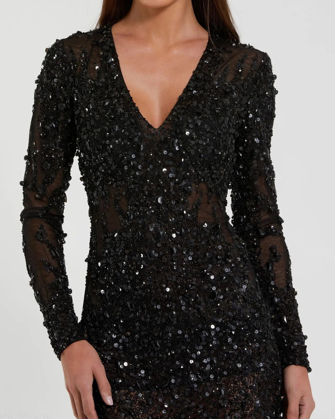 Mac Duggal 10976 Long Sleeve Sheer Embellished Mini Dress