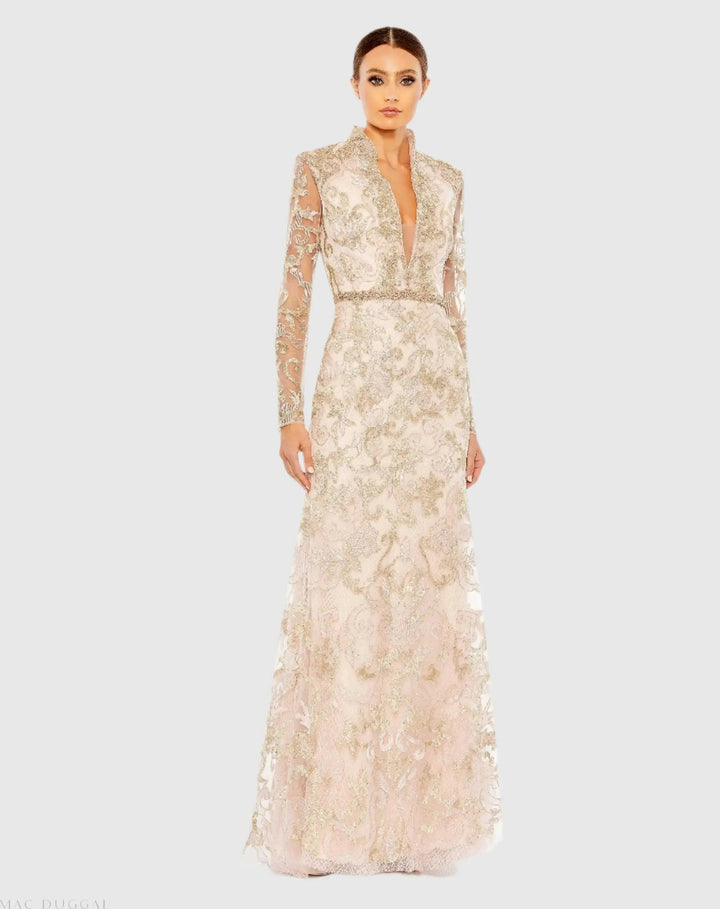 Mac Duggal 11165 Queen Anne Lace Long Sleeve V-Neck Trumpet Gown