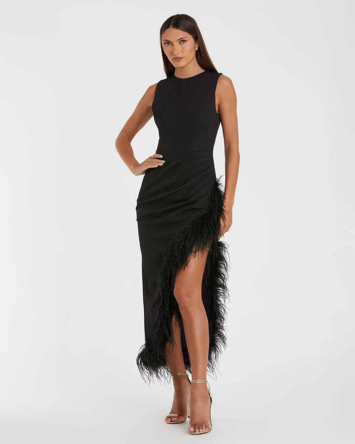 Mac Duggal 11626 Black Ruched High-Low Sheath Dress with Feather Trim